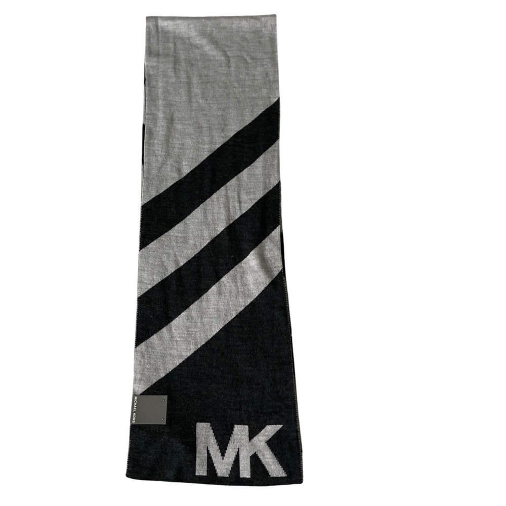 Michael Kors Men's MK‎ Logo Jacquard Muffler Scarf Diagonal Stripe Black Grey